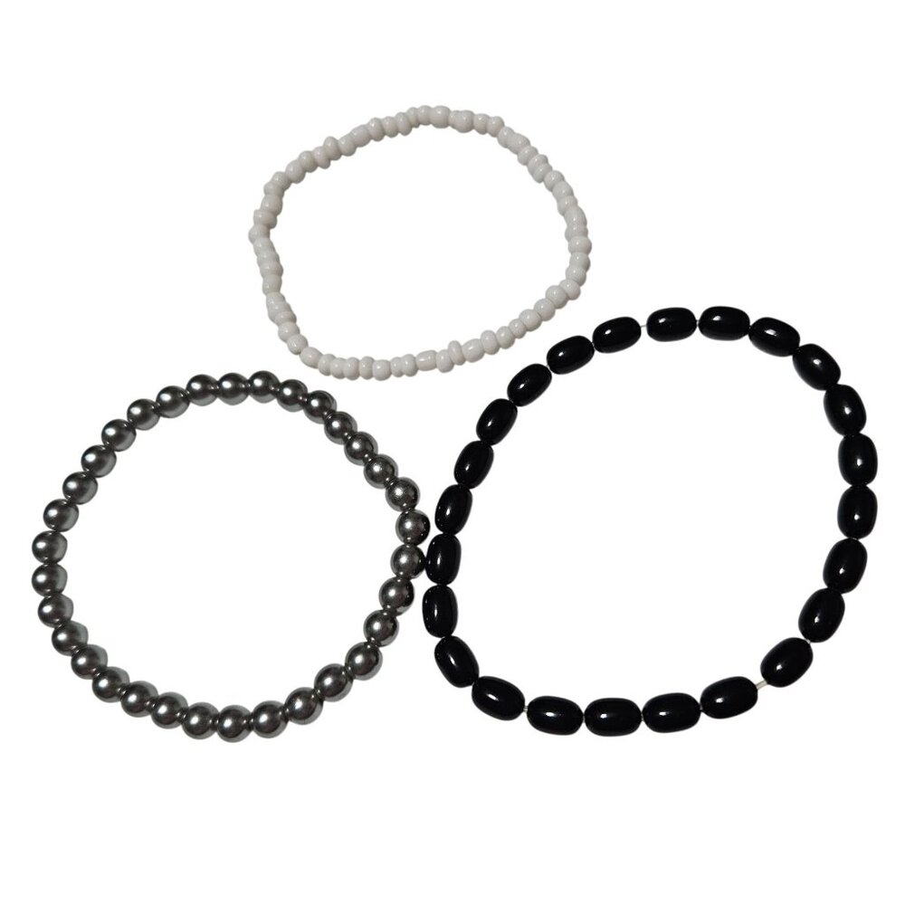 Classic Beaded Stretch Bracelets Black White Silver Colors Set Of 3